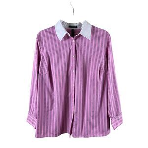 Lauren Ralph Lauren Striped Button Up Contrast Collar Blouse 1X Pink White Work